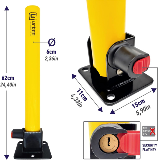 Miesto UR630 sulankstomas parkavimo stulpas su uzraktu, saugos automobiliu stovejimo aiksteles stulpas, geriau matomas, pritvirtintas parkavimo barjer